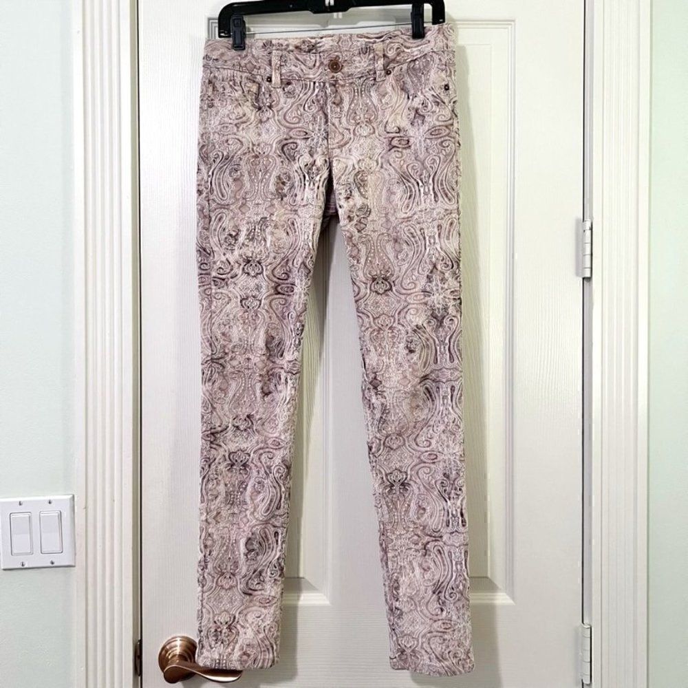 Embroidered Stretch Skinny Jeans- Oatmeal Cream Brown Paisley Design- Size 4